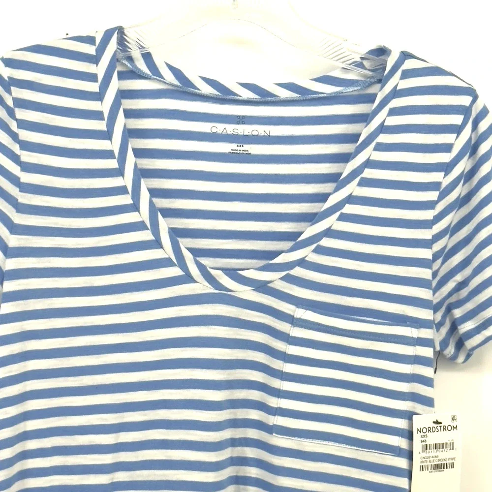 Caslon TShirt Womens XXSmall Blue White Brooke Striped Front Pocket Scoop Neck